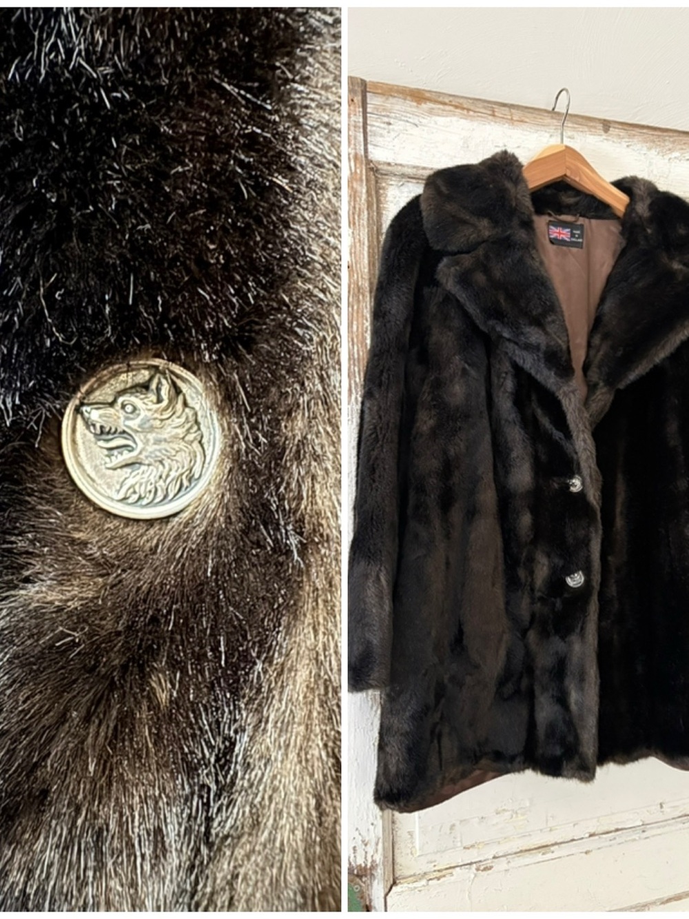 Vintage Faux Fur Coat w/WOLF Buttons by Tissavel of France, made in England, EUC